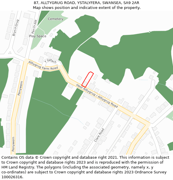 87, ALLTYGRUG ROAD, YSTALYFERA, SWANSEA, SA9 2AR: Location map and indicative extent of plot