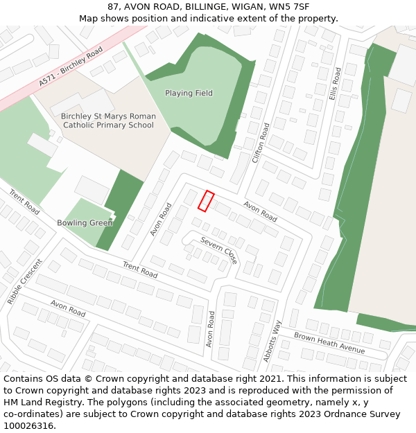 87, AVON ROAD, BILLINGE, WIGAN, WN5 7SF: Location map and indicative extent of plot