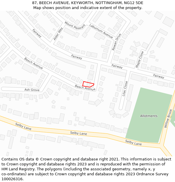 87, BEECH AVENUE, KEYWORTH, NOTTINGHAM, NG12 5DE: Location map and indicative extent of plot