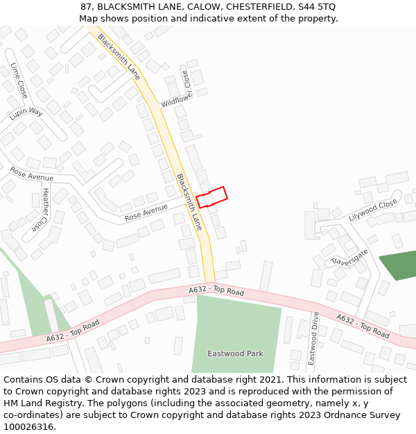 87, BLACKSMITH LANE, CALOW, CHESTERFIELD, S44 5TQ: Location map and indicative extent of plot