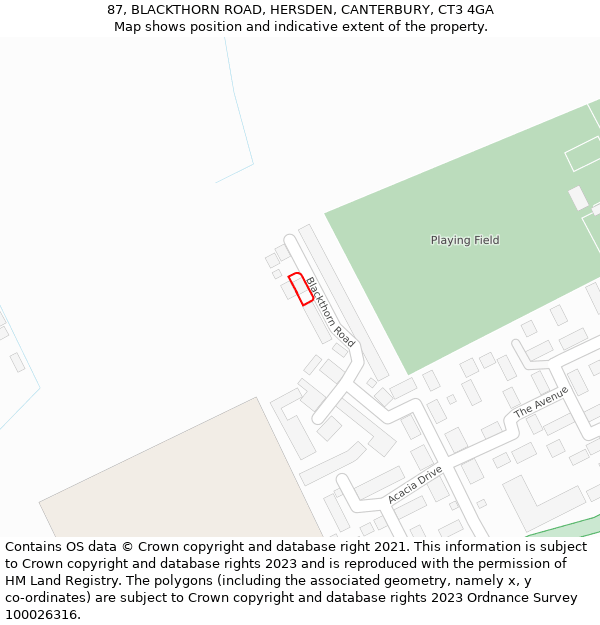 87, BLACKTHORN ROAD, HERSDEN, CANTERBURY, CT3 4GA: Location map and indicative extent of plot