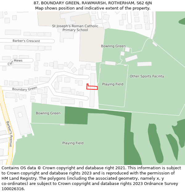 87, BOUNDARY GREEN, RAWMARSH, ROTHERHAM, S62 6JN: Location map and indicative extent of plot