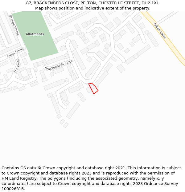 87, BRACKENBEDS CLOSE, PELTON, CHESTER LE STREET, DH2 1XL: Location map and indicative extent of plot