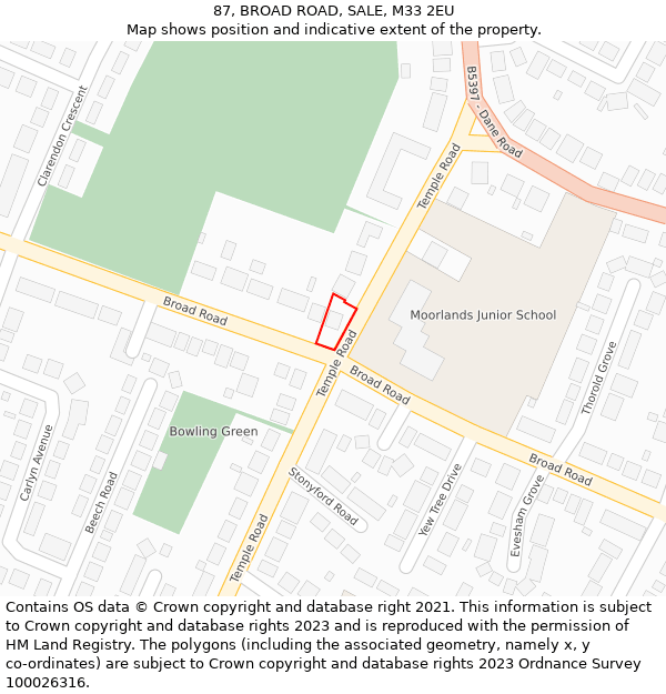 87, BROAD ROAD, SALE, M33 2EU: Location map and indicative extent of plot