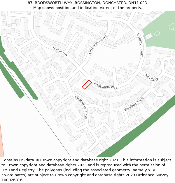 87, BRODSWORTH WAY, ROSSINGTON, DONCASTER, DN11 0FD: Location map and indicative extent of plot