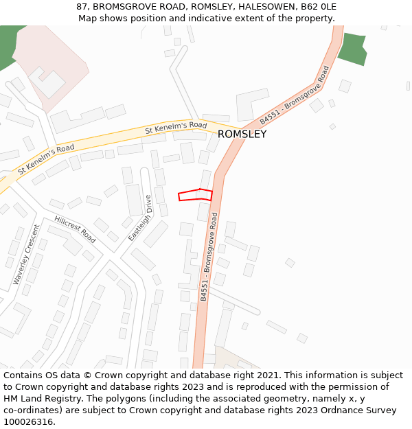 87, BROMSGROVE ROAD, ROMSLEY, HALESOWEN, B62 0LE: Location map and indicative extent of plot
