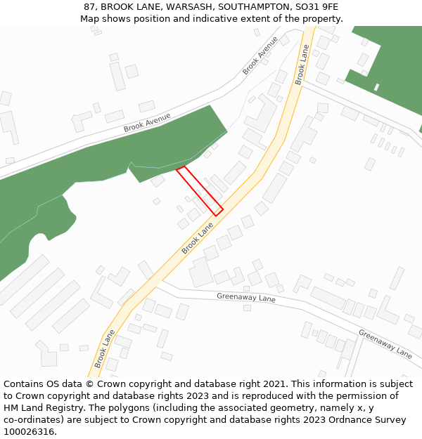 87, BROOK LANE, WARSASH, SOUTHAMPTON, SO31 9FE: Location map and indicative extent of plot