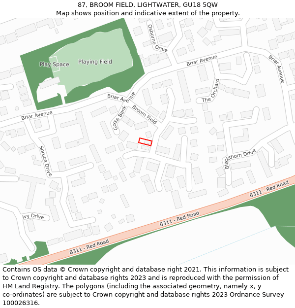 87, BROOM FIELD, LIGHTWATER, GU18 5QW: Location map and indicative extent of plot