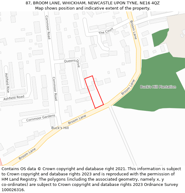 87, BROOM LANE, WHICKHAM, NEWCASTLE UPON TYNE, NE16 4QZ: Location map and indicative extent of plot