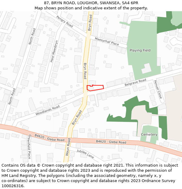 87, BRYN ROAD, LOUGHOR, SWANSEA, SA4 6PR: Location map and indicative extent of plot