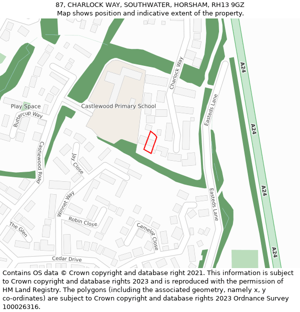 87, CHARLOCK WAY, SOUTHWATER, HORSHAM, RH13 9GZ: Location map and indicative extent of plot