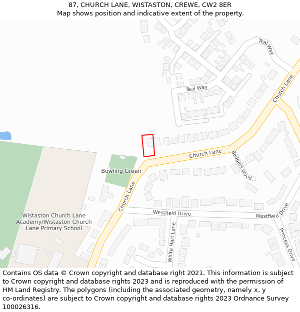 87, CHURCH LANE, WISTASTON, CREWE, CW2 8ER: Location map and indicative extent of plot