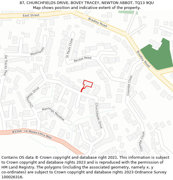 87, CHURCHFIELDS DRIVE, BOVEY TRACEY, NEWTON ABBOT, TQ13 9QU: Location map and indicative extent of plot