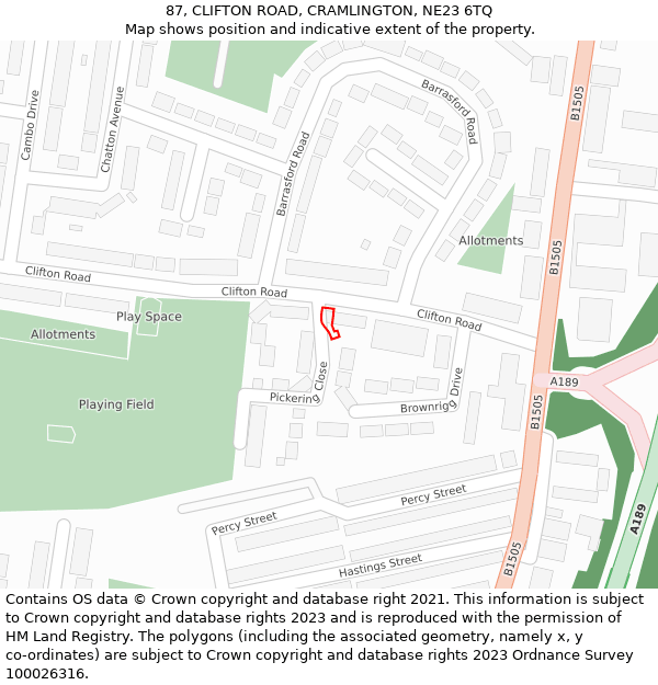 87, CLIFTON ROAD, CRAMLINGTON, NE23 6TQ: Location map and indicative extent of plot