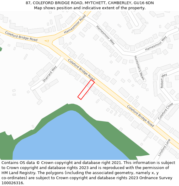 87, COLEFORD BRIDGE ROAD, MYTCHETT, CAMBERLEY, GU16 6DN: Location map and indicative extent of plot