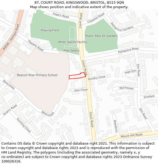 87, COURT ROAD, KINGSWOOD, BRISTOL, BS15 9QN: Location map and indicative extent of plot