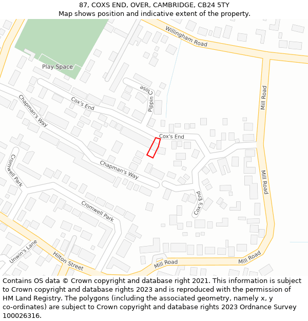 87, COXS END, OVER, CAMBRIDGE, CB24 5TY: Location map and indicative extent of plot