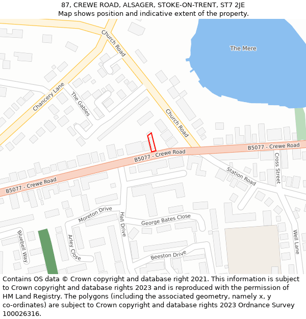 87, CREWE ROAD, ALSAGER, STOKE-ON-TRENT, ST7 2JE: Location map and indicative extent of plot