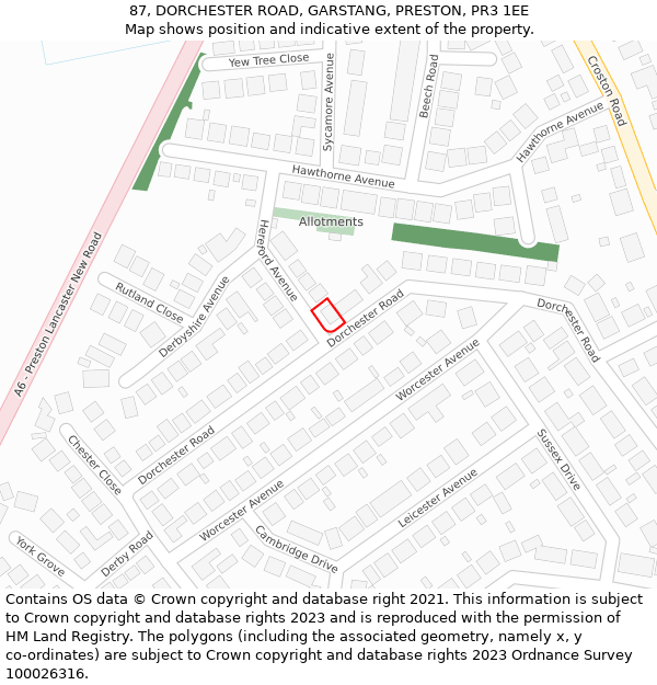 87, DORCHESTER ROAD, GARSTANG, PRESTON, PR3 1EE: Location map and indicative extent of plot
