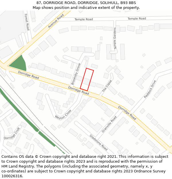 87, DORRIDGE ROAD, DORRIDGE, SOLIHULL, B93 8BS: Location map and indicative extent of plot