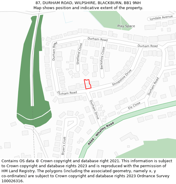 87, DURHAM ROAD, WILPSHIRE, BLACKBURN, BB1 9NH: Location map and indicative extent of plot