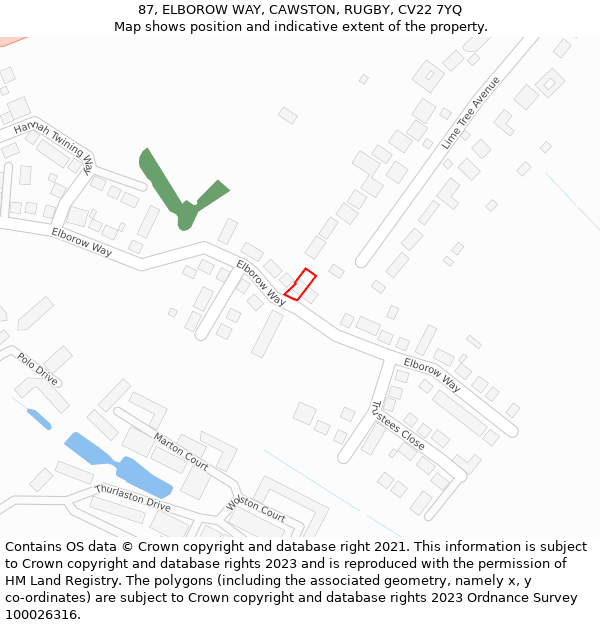 87, ELBOROW WAY, CAWSTON, RUGBY, CV22 7YQ: Location map and indicative extent of plot