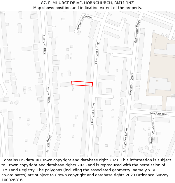 87, ELMHURST DRIVE, HORNCHURCH, RM11 1NZ: Location map and indicative extent of plot