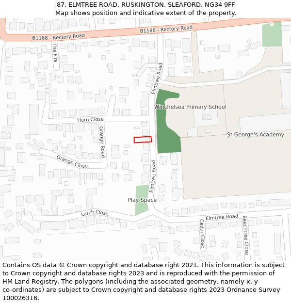 87, ELMTREE ROAD, RUSKINGTON, SLEAFORD, NG34 9FF: Location map and indicative extent of plot