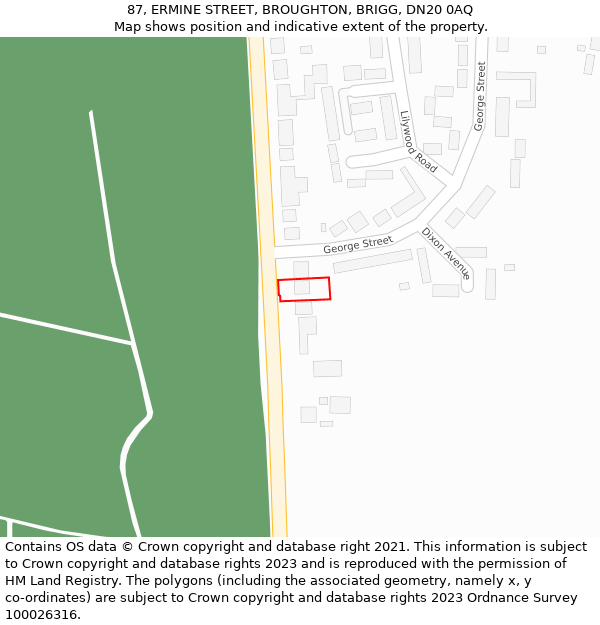 87, ERMINE STREET, BROUGHTON, BRIGG, DN20 0AQ: Location map and indicative extent of plot