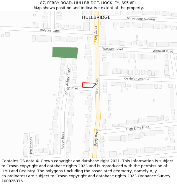 87, FERRY ROAD, HULLBRIDGE, HOCKLEY, SS5 6EL: Location map and indicative extent of plot
