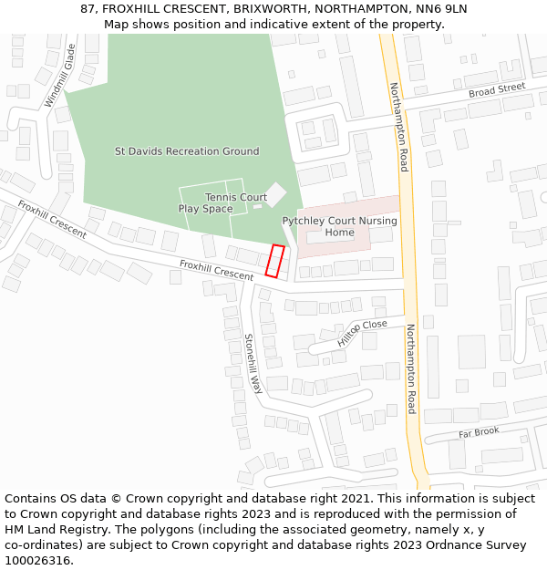 87, FROXHILL CRESCENT, BRIXWORTH, NORTHAMPTON, NN6 9LN: Location map and indicative extent of plot