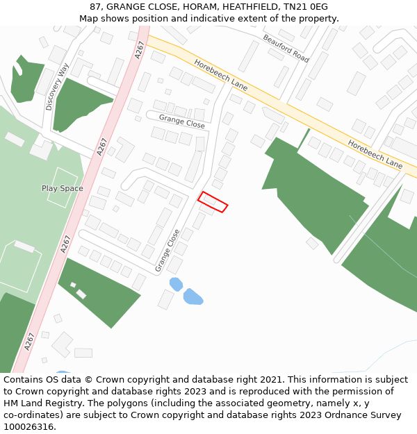 87, GRANGE CLOSE, HORAM, HEATHFIELD, TN21 0EG: Location map and indicative extent of plot