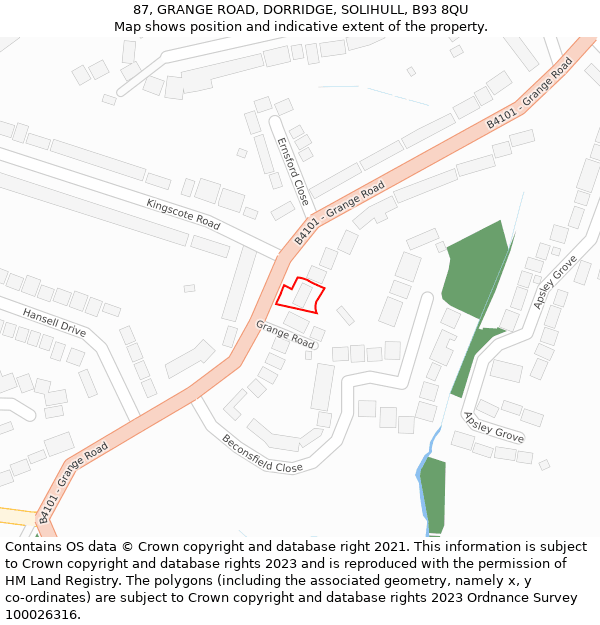 87, GRANGE ROAD, DORRIDGE, SOLIHULL, B93 8QU: Location map and indicative extent of plot