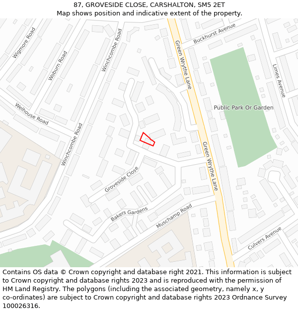 87, GROVESIDE CLOSE, CARSHALTON, SM5 2ET: Location map and indicative extent of plot