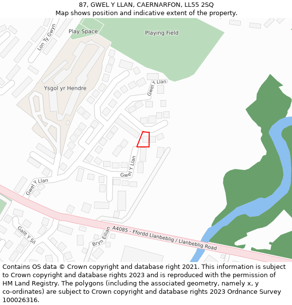87, GWEL Y LLAN, CAERNARFON, LL55 2SQ: Location map and indicative extent of plot