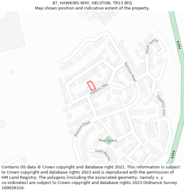 87, HAWKINS WAY, HELSTON, TR13 8FQ: Location map and indicative extent of plot