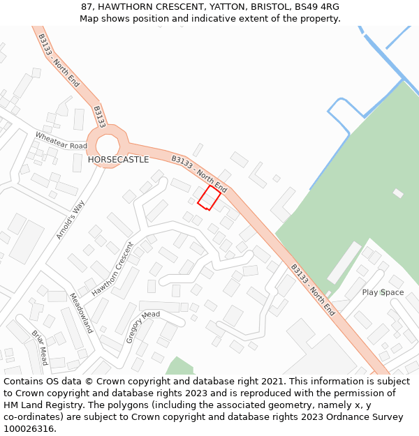 87, HAWTHORN CRESCENT, YATTON, BRISTOL, BS49 4RG: Location map and indicative extent of plot