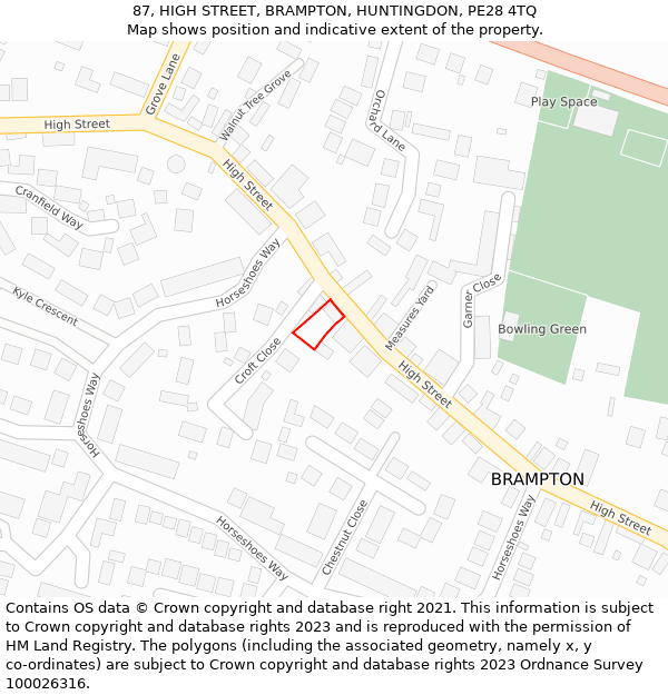 87, HIGH STREET, BRAMPTON, HUNTINGDON, PE28 4TQ: Location map and indicative extent of plot