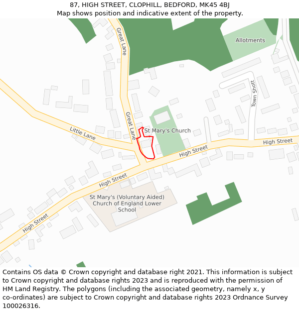 87, HIGH STREET, CLOPHILL, BEDFORD, MK45 4BJ: Location map and indicative extent of plot
