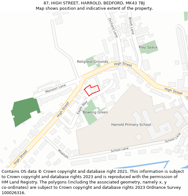 87, HIGH STREET, HARROLD, BEDFORD, MK43 7BJ: Location map and indicative extent of plot