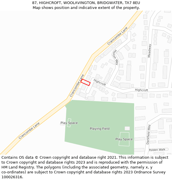 87, HIGHCROFT, WOOLAVINGTON, BRIDGWATER, TA7 8EU: Location map and indicative extent of plot