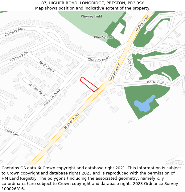 87, HIGHER ROAD, LONGRIDGE, PRESTON, PR3 3SY: Location map and indicative extent of plot