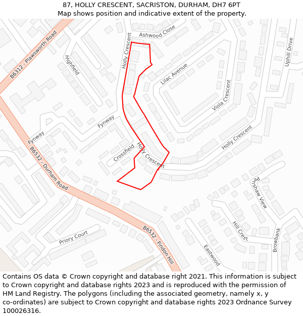 87, HOLLY CRESCENT, SACRISTON, DURHAM, DH7 6PT: Location map and indicative extent of plot