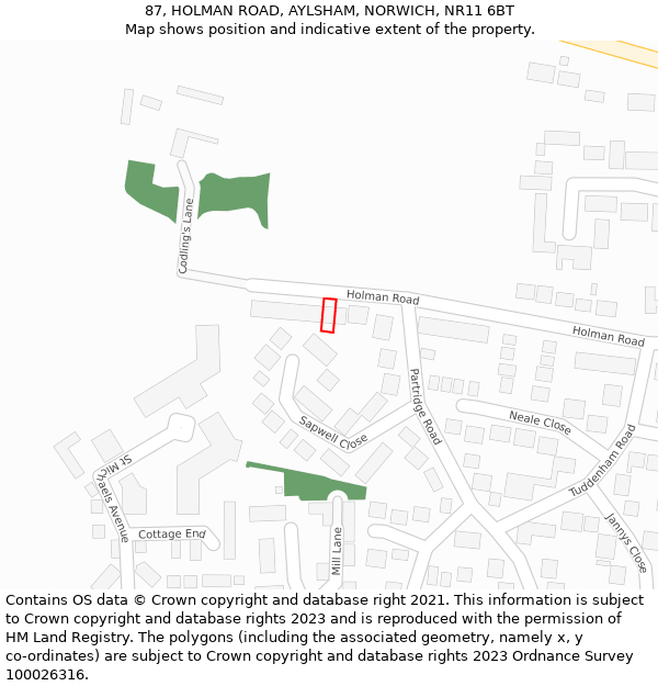 87, HOLMAN ROAD, AYLSHAM, NORWICH, NR11 6BT: Location map and indicative extent of plot