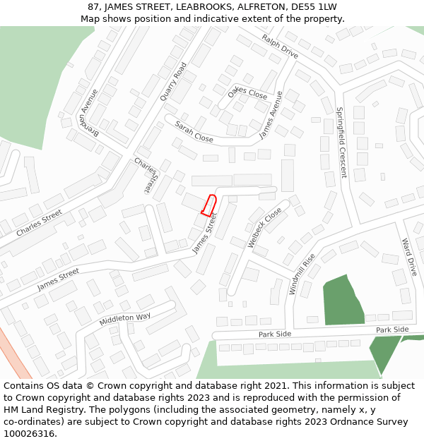 87, JAMES STREET, LEABROOKS, ALFRETON, DE55 1LW: Location map and indicative extent of plot