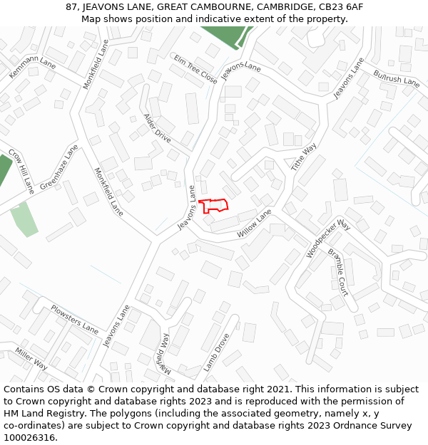 87, JEAVONS LANE, GREAT CAMBOURNE, CAMBRIDGE, CB23 6AF: Location map and indicative extent of plot