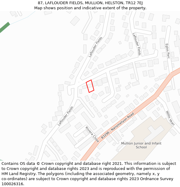 87, LAFLOUDER FIELDS, MULLION, HELSTON, TR12 7EJ: Location map and indicative extent of plot