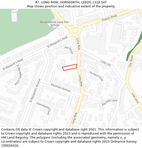 87, LONG ROW, HORSFORTH, LEEDS, LS18 5AT: Location map and indicative extent of plot