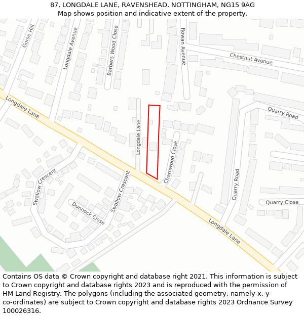 87, LONGDALE LANE, RAVENSHEAD, NOTTINGHAM, NG15 9AG: Location map and indicative extent of plot