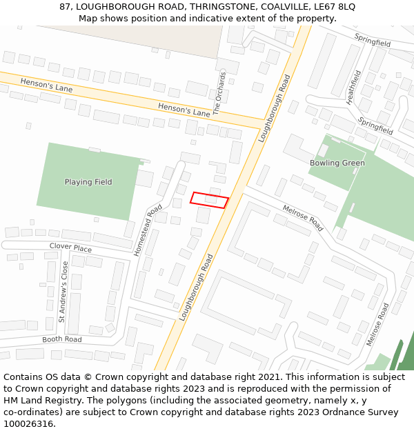 87, LOUGHBOROUGH ROAD, THRINGSTONE, COALVILLE, LE67 8LQ: Location map and indicative extent of plot